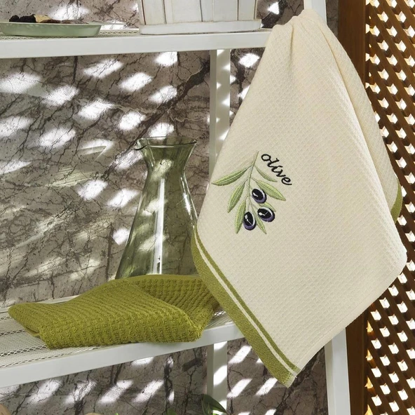 Maxstyle Pamuk Mutfak Havlusu Olive 2'Li Krem-Yeşil 40x60cm
