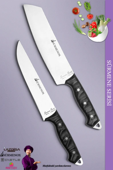 Sürmene Serisi Mutfak Santoku Şef Bıçak Seti Et Ekmek Sebze Şef Bıçağı 2 Li Set Siyah (MFT-018)