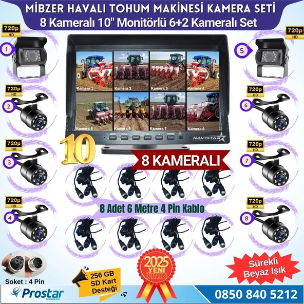 Mibzer için 8 Kameralı 10 inç Sekize Bölen Monitör 2 Büyük Kameralı Kayıtlı 256 Gb Sd Kart Destekli