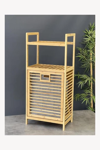 Mien Bambu Hazneli Çamaşır Sepeti - 45x30x100cm - Resim 2