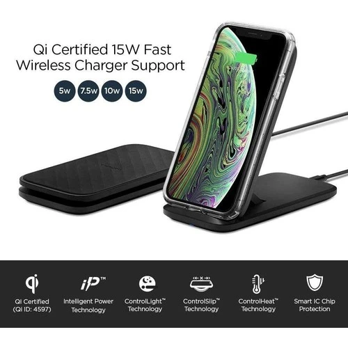 Spigen Essential F316W Qi Kablosuz Şarj Cihazı + Quick Charge 3.0 18W Priz Adaptörü + USB-C to USB-A Şarj Kablosu (iOS 7.5W / Android 15W Hızlı Şarj Destekli) - OUTLET - 3