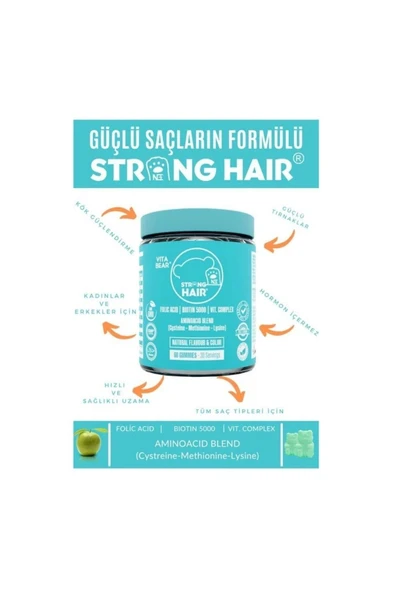 VİTA BEAR Strong Hair Gummy Vitamin - Biotin Içeren Çiğnenebilir Saç Vitamini 60 Adet 2'li Paket - 2
