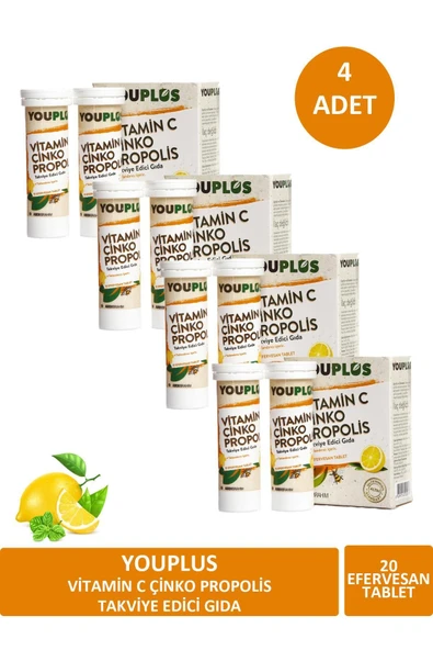 YOUPLUS Vitamin C Çinko Propolis 20 Efervesan Tablet X 4 ADET