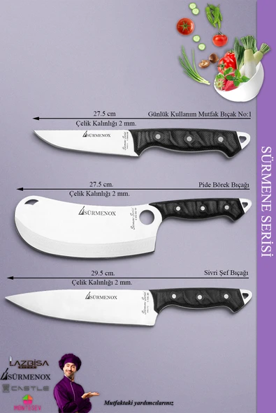 Sürmene Serisi Mutfak Şef Bıçak Seti Et Ekmek Sebze Börek Pizza Şef Bıçağı 3 Lü Set Siyah (Mft-021) - 2
