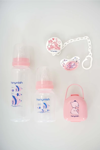 HANYMİSH 5'li Plastik Biberon Ve Emzik Seti - Yeni Doğan Hediye Seti Pembe