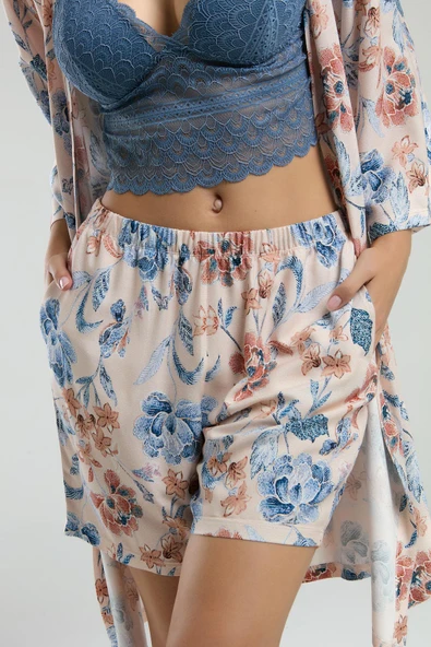 Arnetta Kadın 3'lü Sabahlıklı Dantel Büstiyerli Şort Pijama Takım - 4