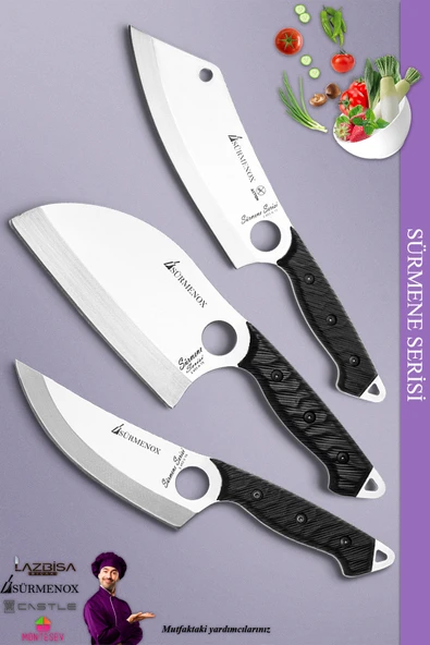 Sürmene Serisi Mutfak Kamp Şef Bıçak Seti Et Ekmek Salata Kamp Şef Bıçağı Siyah 3 Lü Set Mft-037