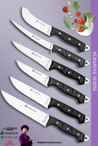 Sürmene Serisi Mutfak Bıçak Seti Et Ekmek Sebze Salata Fileto Bıçağı 6 Lı Set Siyah Mft-028