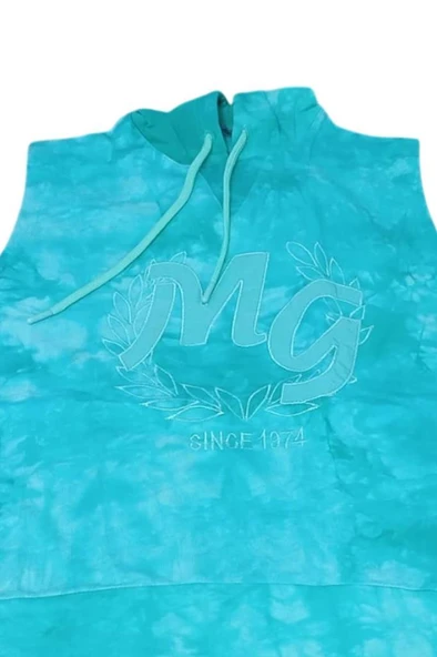 Kız Çocuk Kapüşonlu Kolsuz Since Yazı Baskılı İpli Turkuaz Sweat - Resim 4