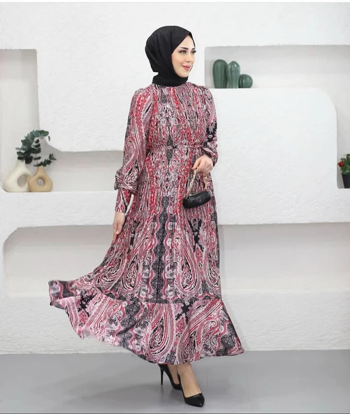 25Y91086 ELBİSE SATEN ETNİK DESENLİ