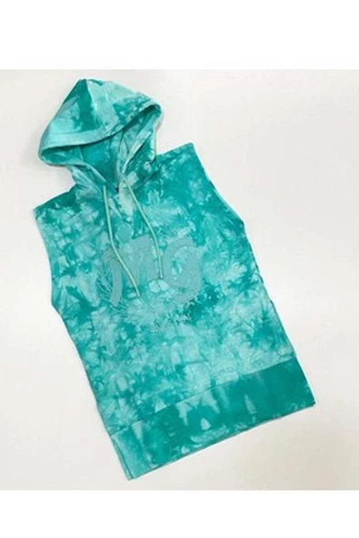 Kız Çocuk Kapüşonlu Kolsuz Since Yazı Baskılı İpli Turkuaz Sweat - Resim 5