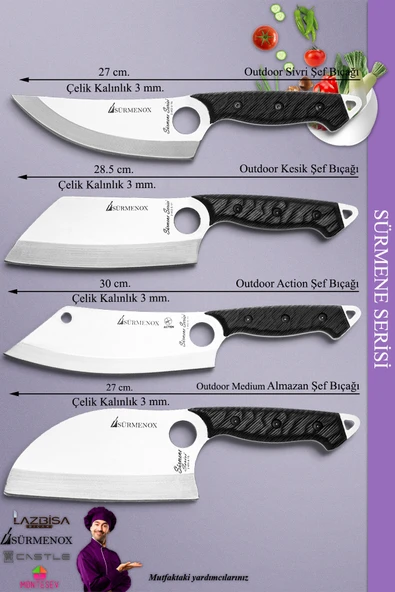 Sürmene Serisi Mutfak Kamp Şef Bıçak Seti Et Ekmek Sebze Kamp Şef Bıçağı Siyah 4 Lü Set ( Mft-039 ) - 3