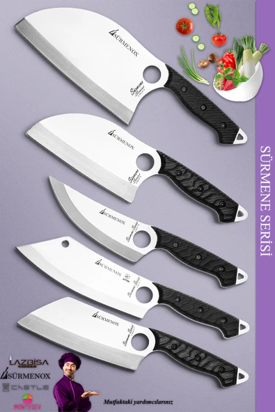 Sürmene Serisi Mutfak Kamp Şef Bıçak Seti Et Ekmek Sebze Kamp Şef Bıçağı Siyah 5 Li Set ( Mft-040 )