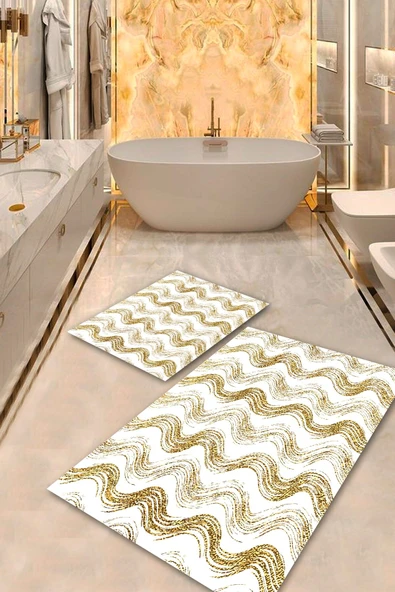 Krem-Gold  Kaymaz Taban Tasarım Banyo Paspas Takımı BPS-4463 - 2