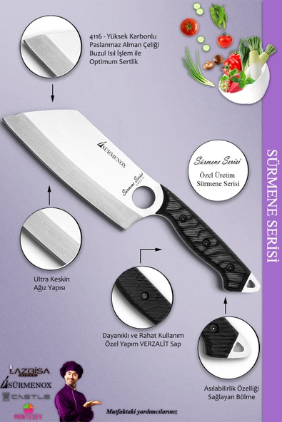 Sürmene Serisi Mutfak Kamp Şef Bıçak Seti Et Ekmek Sebze Kamp Şef Bıçağı Siyah 3 Lü Set ( Mft-038 ) - 4
