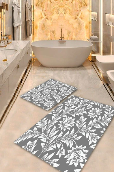 Gri  Kaymaz Taban Çiçek Banyo Paspas Takımı  BPS-2158 - 2