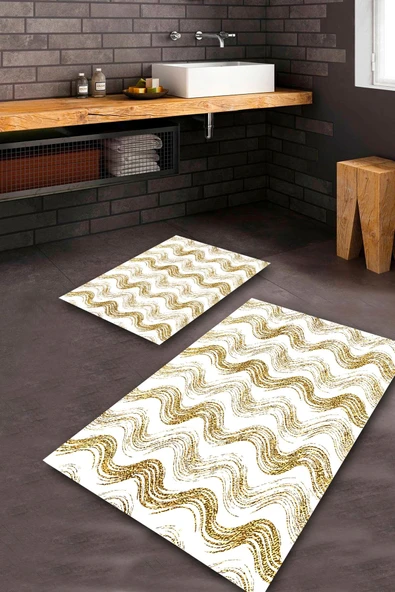 Krem-Gold  Kaymaz Taban Tasarım Banyo Paspas Takımı BPS-4463