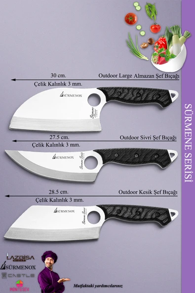 Sürmene Serisi Mutfak Kamp Şef Bıçak Seti Et Ekmek Sebze Kamp Şef Bıçağı Siyah 3 Lü Set ( Mft-038 ) - 3