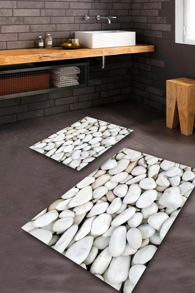 Beyaz  Kaymaz Taban Taş Banyo Paspas Takımı  BPS-1915