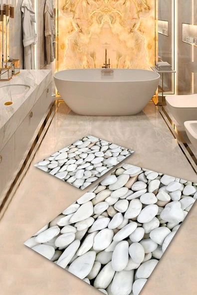 Beyaz  Kaymaz Taban Taş Banyo Paspas Takımı  BPS-1915 - 2