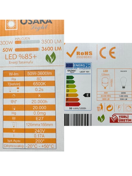 (10 Adet) Osaka 50W (300W) Beyaz Işık E27 Duylu (Kalın Duy) Led Torch Ampul - Resim 4