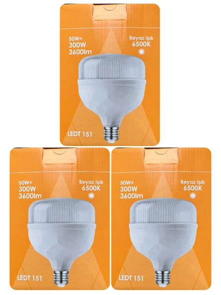 (3 Adet) Osaka 50W (300W) Beyaz Işık E27 Duylu (Kalın Duy) Led Torch Ampul