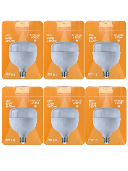 (6 Adet) Osaka 50W (300W) Beyaz Işık E27 Duylu (Kalın Duy) Led Torch Ampul