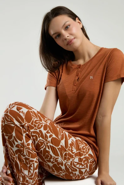 Arnetta 3229 Kadın Kehribar Bisiklet Yaka Kısa Kollu Pijama Takım - 2