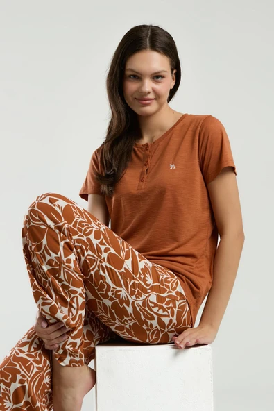 Arnetta 3229 Kadın Kehribar Bisiklet Yaka Kısa Kollu Pijama Takım