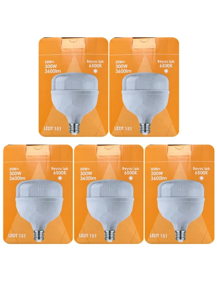 (5 Adet) Osaka 50W (300W) Beyaz Işık E27 Duylu (Kalın Duy) Led Torch Ampul