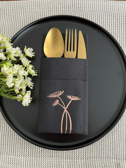 Rose Gold Yaldızlı Siyah Cepli Havuç Çiçeği Kumaş Dokulu Air Laid Kanguru Peçete 6 Adet
