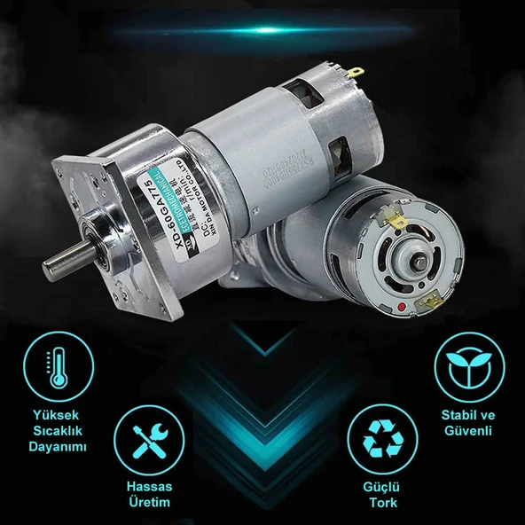 XD-60GA775 DC Motor 24V 30Rpm  35W 40Kg.cm Yüksek Tork Kuvvet Metal Dişli Redüktörlü Robot Cnc Makine Otomasyon Tekne Araba Elektrikli Bisiklet - Resim 2
