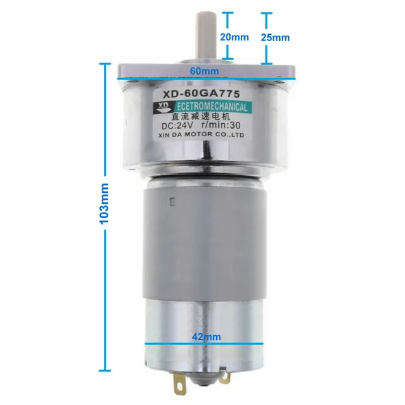 XD-60GA775 DC Motor 24V 30Rpm  35W 40Kg.cm Yüksek Tork Kuvvet Metal Dişli Redüktörlü Robot Cnc Makine Otomasyon Tekne Araba Elektrikli Bisiklet