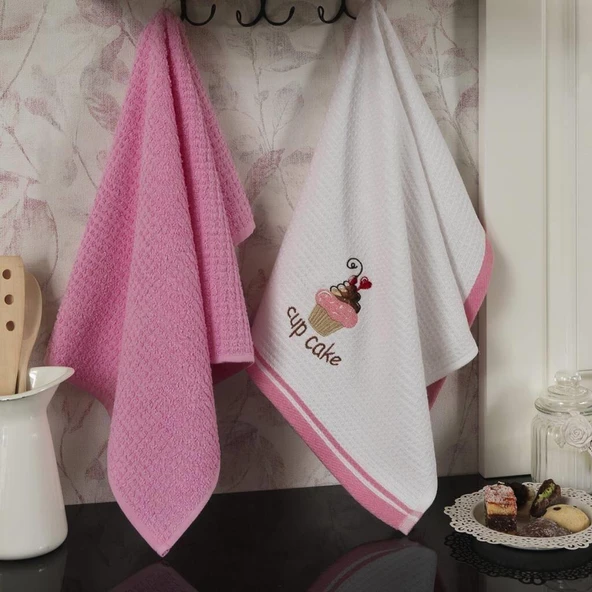 Maxstyle Pamuk Mutfak Havlusu Cup Cake 2'Li Beyaz-Pembe 40x60cm - 2