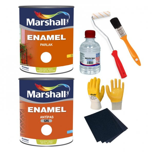 MARSHALL ENAMEL YAĞLI BOYA 1Kg+ANTİPAS 1KG+5 Parça Boyama Seti-Demir yüzeyler için koruma-boyama