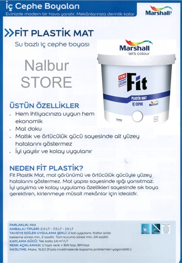 MARSHALL Fit Plastik Su Bazlı İç Cephe Duvar Boyası 2.5LT=3.5KG-Kokusuz-Kolay Uygulanr-Damlatma Yapmaz - 7