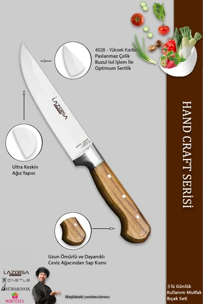 LAZBİSA Hand Craft Mutfak Bıçak Seti Et Ekmek Sebze Bıçağı 3 Lü Set Günlük Kullanım ( Mtf-033 ) - 3