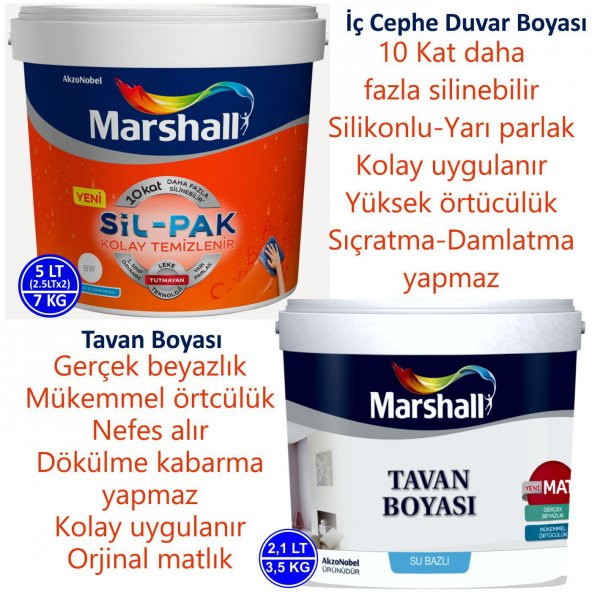 MARSHALL SİL-PAK 5LT=7KG-10 Kat Daha Fazla Silinebilir-Leke Tutmaz+Tavan Boyası 2.1LT=3.5KG - 2