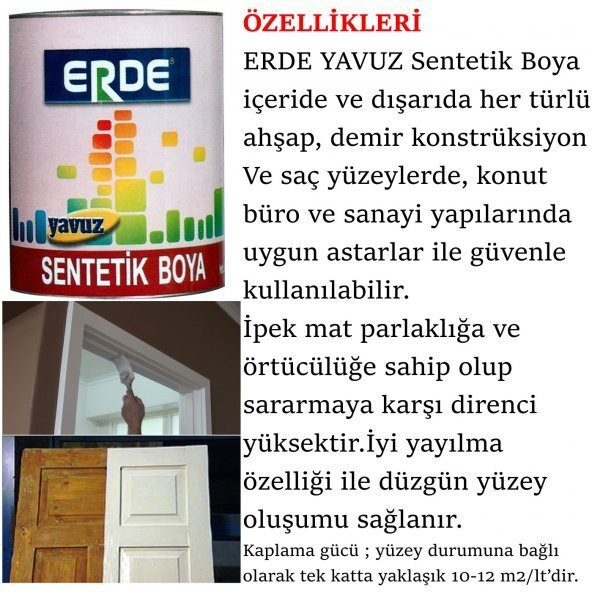 ERDE Yavuz Sentetik Yağlı Boya 1Kg-Metal-Ahşap-Plastik-Cam Vb.Yüzeylerde Rahatça Kullanılır-TSE - 7