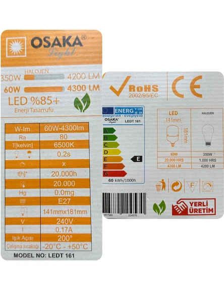 (4 Adet) Osaka 60W (350W) Beyaz Işık E27 Duylu (Kalın Duy) Led Torch Ampul - 4