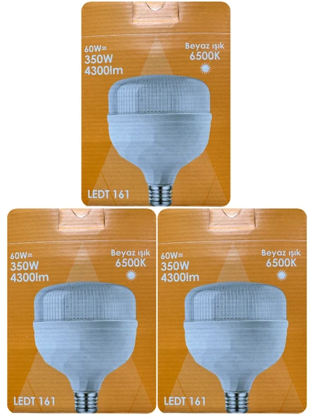 (3 Adet) Osaka 60W (350W) Beyaz Işık E27 Duylu (Kalın Duy) Led Torch Ampul