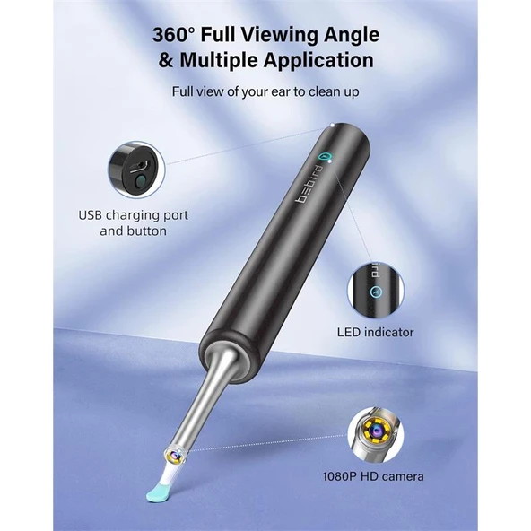 BEBIRD T5 3MP KAMERA 3.5MM LENS ŞARJLI WIFI GÖRÜNTÜLÜ KULAK TEMİZLEYİCİ SİYAH RENK - 3