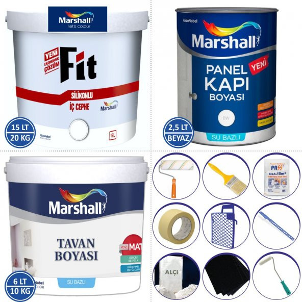 Marshall Fit Silikonlu Duvar Boyası 20KG+Tavan Boyası 10Kg+Panel Kapı Boyası 2,5LT+9 Parça Boya Seti - 2
