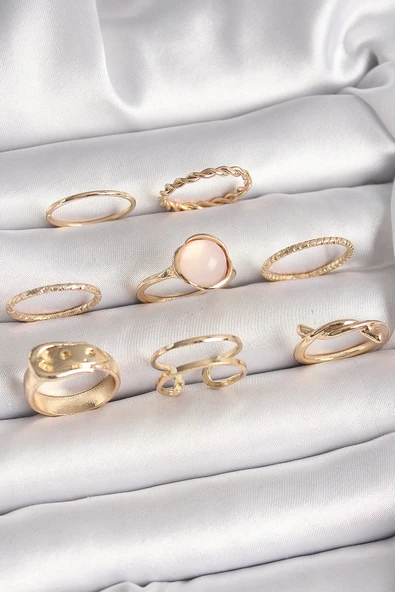 MuI MuI Pirinç Gold Renk Pembe Mineli Kemer Model Kadın Yüzük Kombini