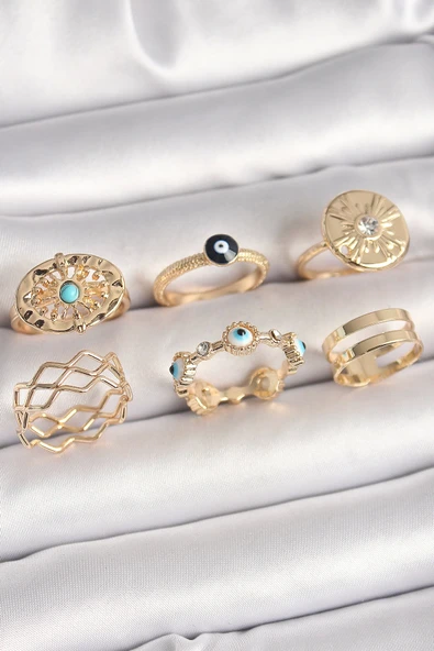 MuI MuI Pirinç Gold Renk Mavi Taşlı Zirkon Taş Detaylı Dalga Model Kadın Yüzük Kombini