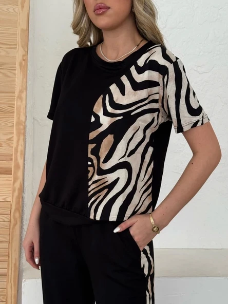 Kadın Bisiklet Yaka Kısa Kol Leopar Desen Bluz Ve Pantolon Ikili Takım - Resim 5