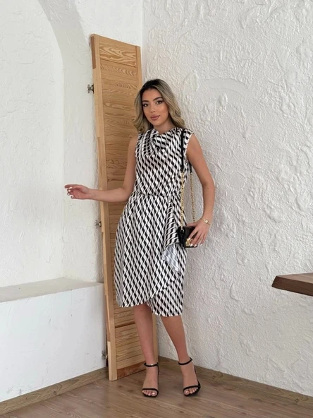 Kadın Degaje Yaka önden çapraz Detay Saten Midi Elbise - 8