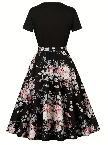 Kadın Kısa Kollu Bisiklet Yaka çiçek Desenli üst Viskon Alt Süprem Kısa Elbise - 4