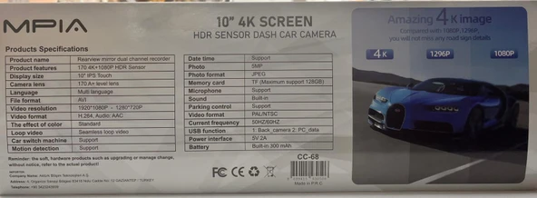 MPIA CC68 10" Tam Ekran Aynalı Araç İçi 4K Kamera GPS, Wifi ,Geri Görüş Kamerası - Resim 12
