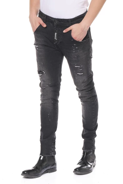 Erkek Skinny Fit Yırtlık Yıkamalı Boya Desenli Jean Kot Pantolon - 6